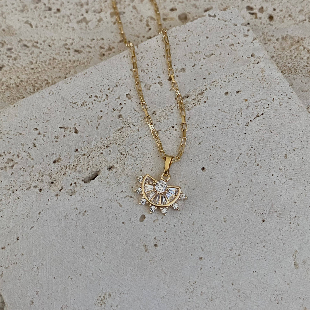 Crystals Fan Charm Pendant 18k Gold Filled Chain necklace