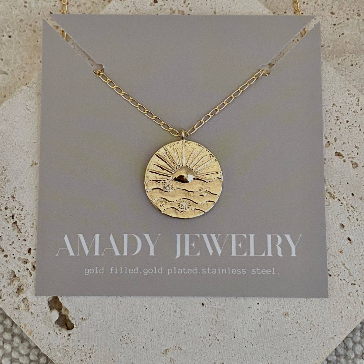 Sunrise sun Coin Medallion chain necklace gold filled plated