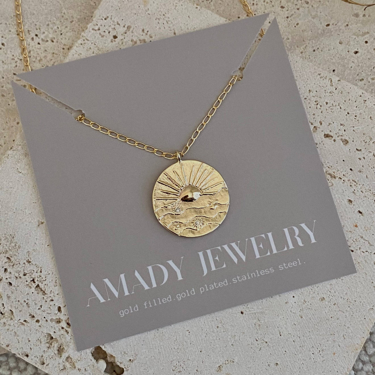 Sunrise sun Coin Medallion chain necklace gold filled plated