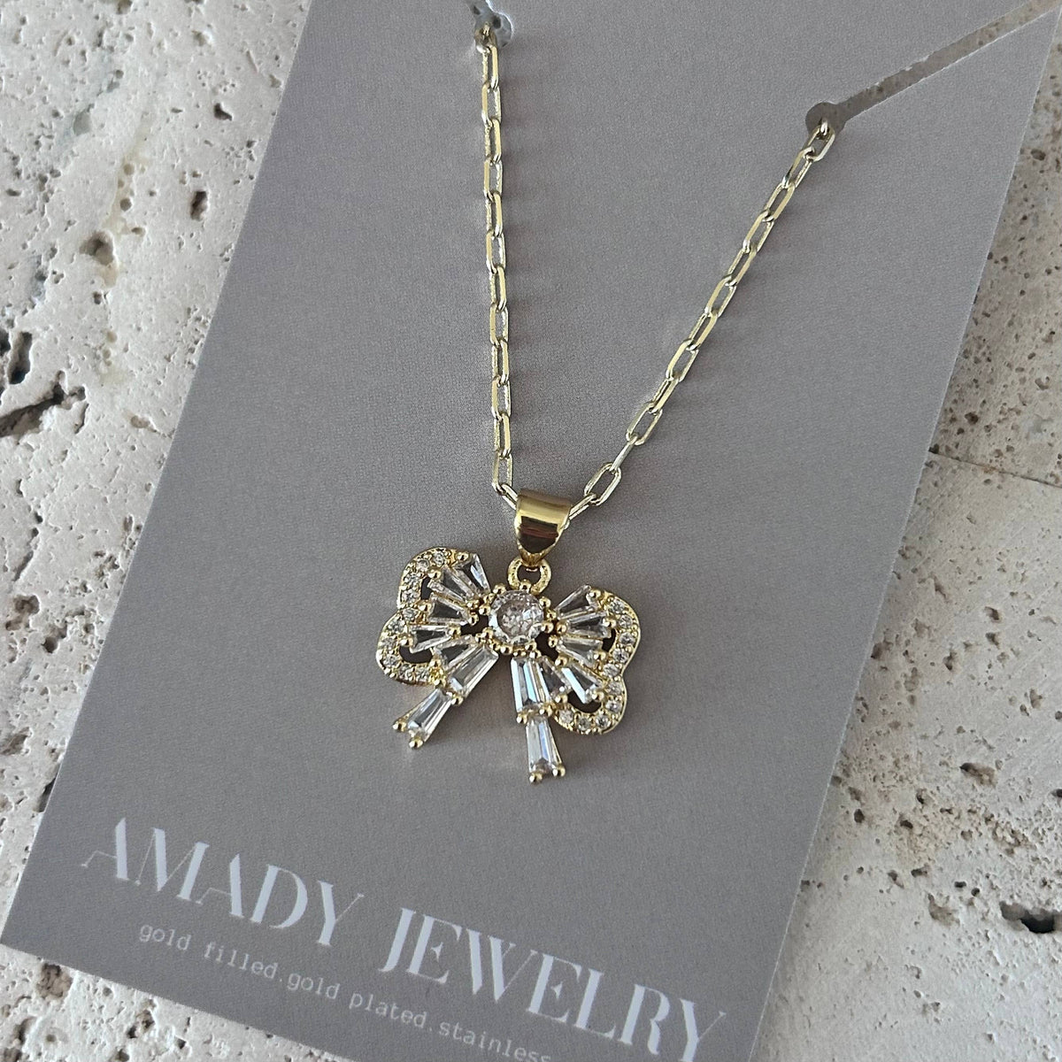 Bow pendant necklace rhinestones 18k gold filled paperclip