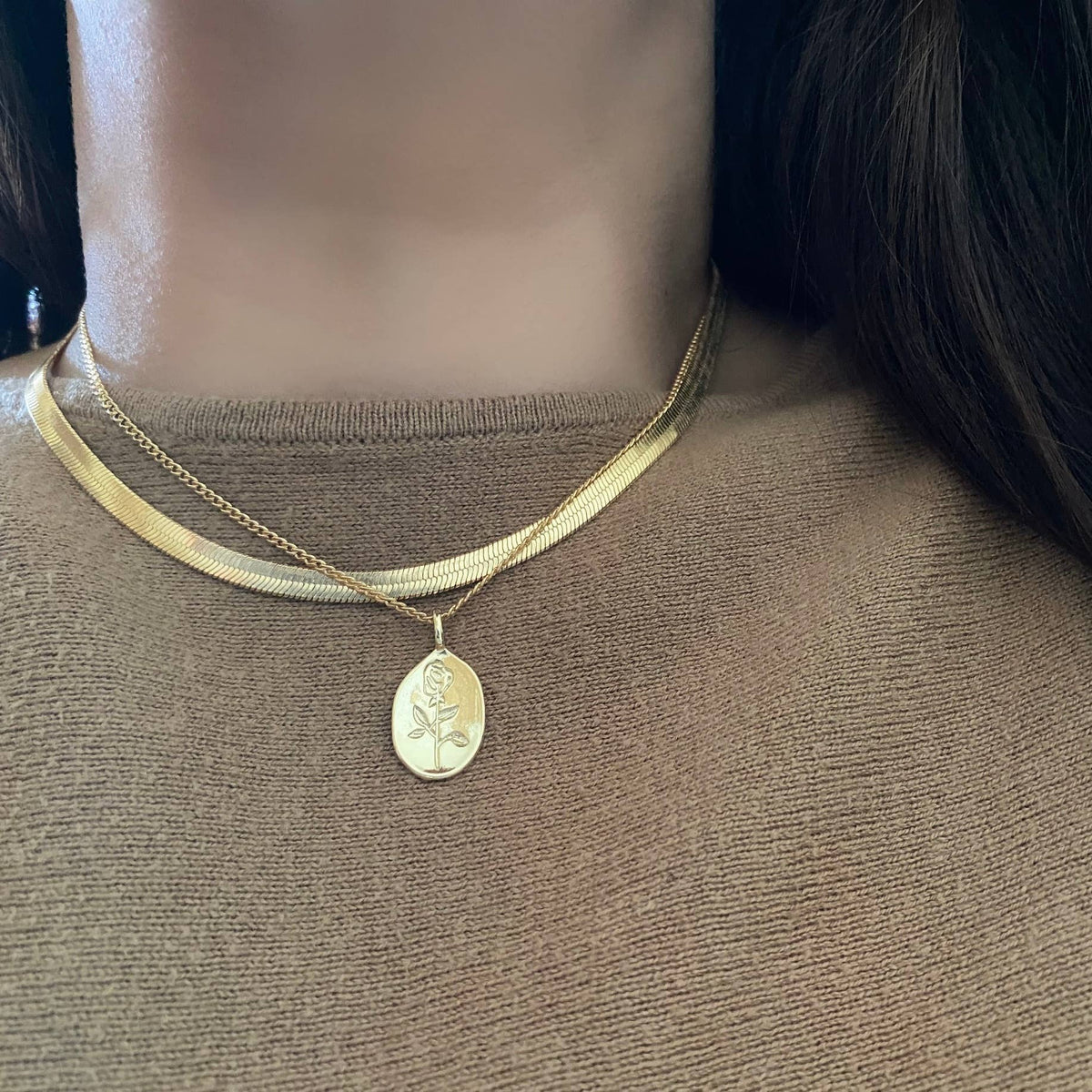 Rose Flower Medallion Coin Layering necklace 18k gold filled