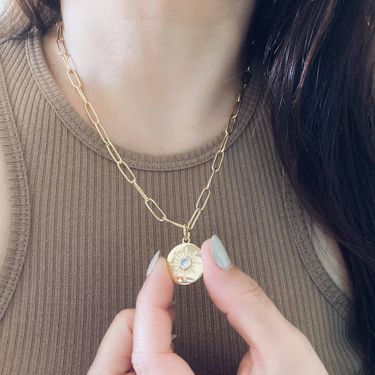 Gold sun coin necklace paperclip gold plated chain medallion