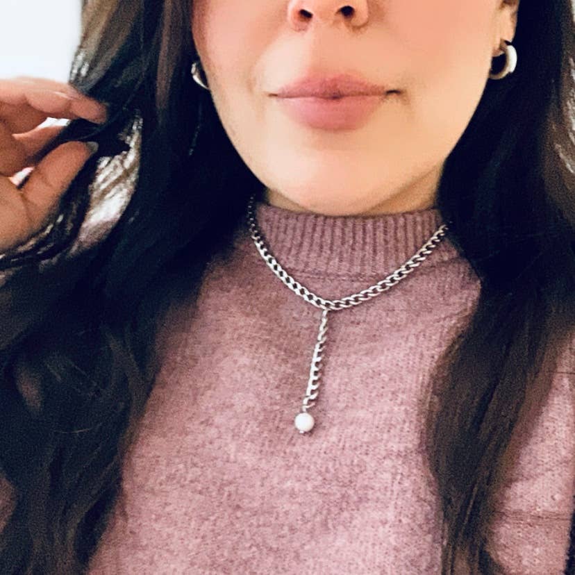 Silver curb link chain and pearl Lariat necklace Y necklace