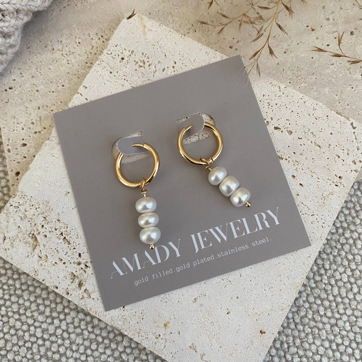 Pearls Dangle Drop Hoop Earrings 14k Gold Plated