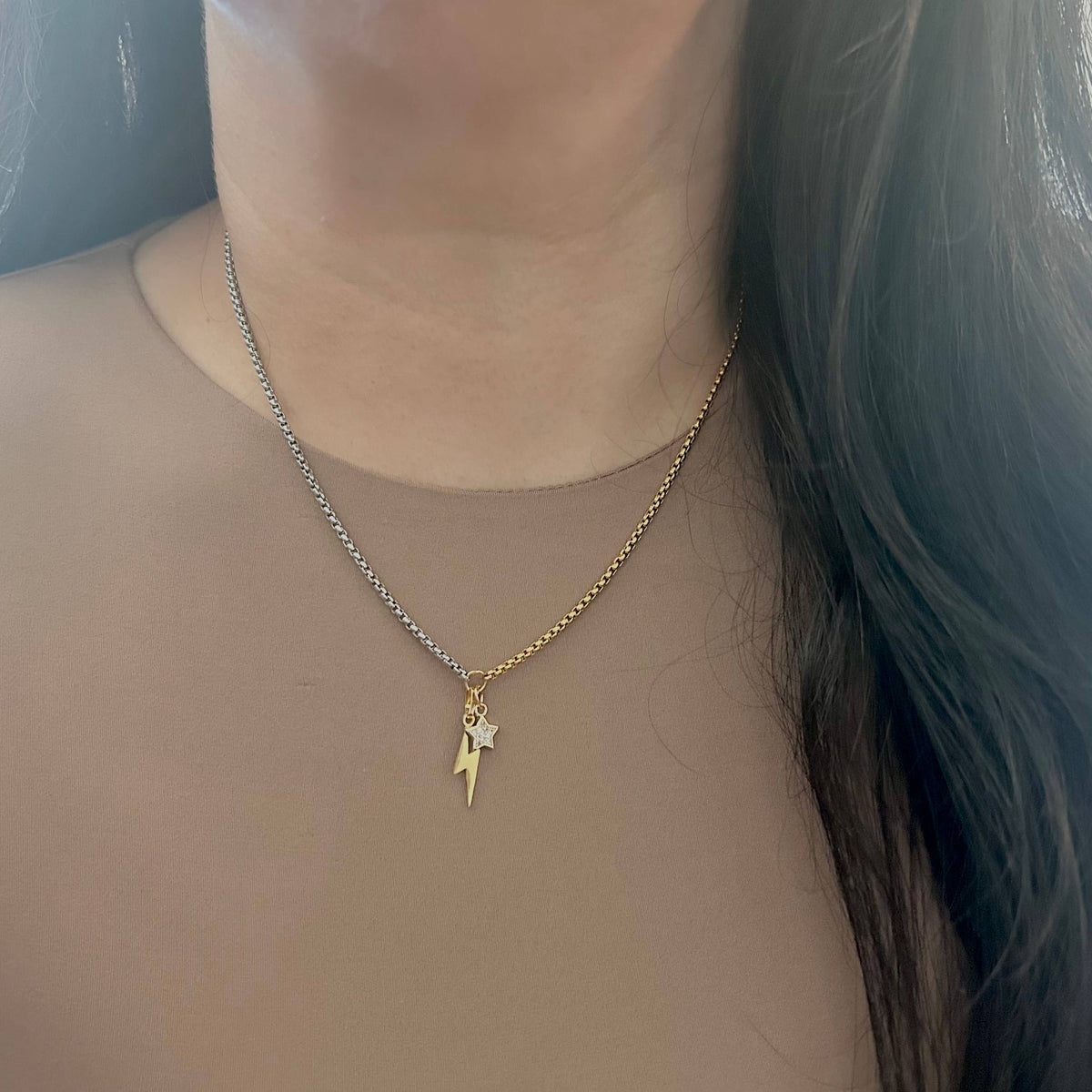 Thunder and star charm pendant necklace two tone silver gold