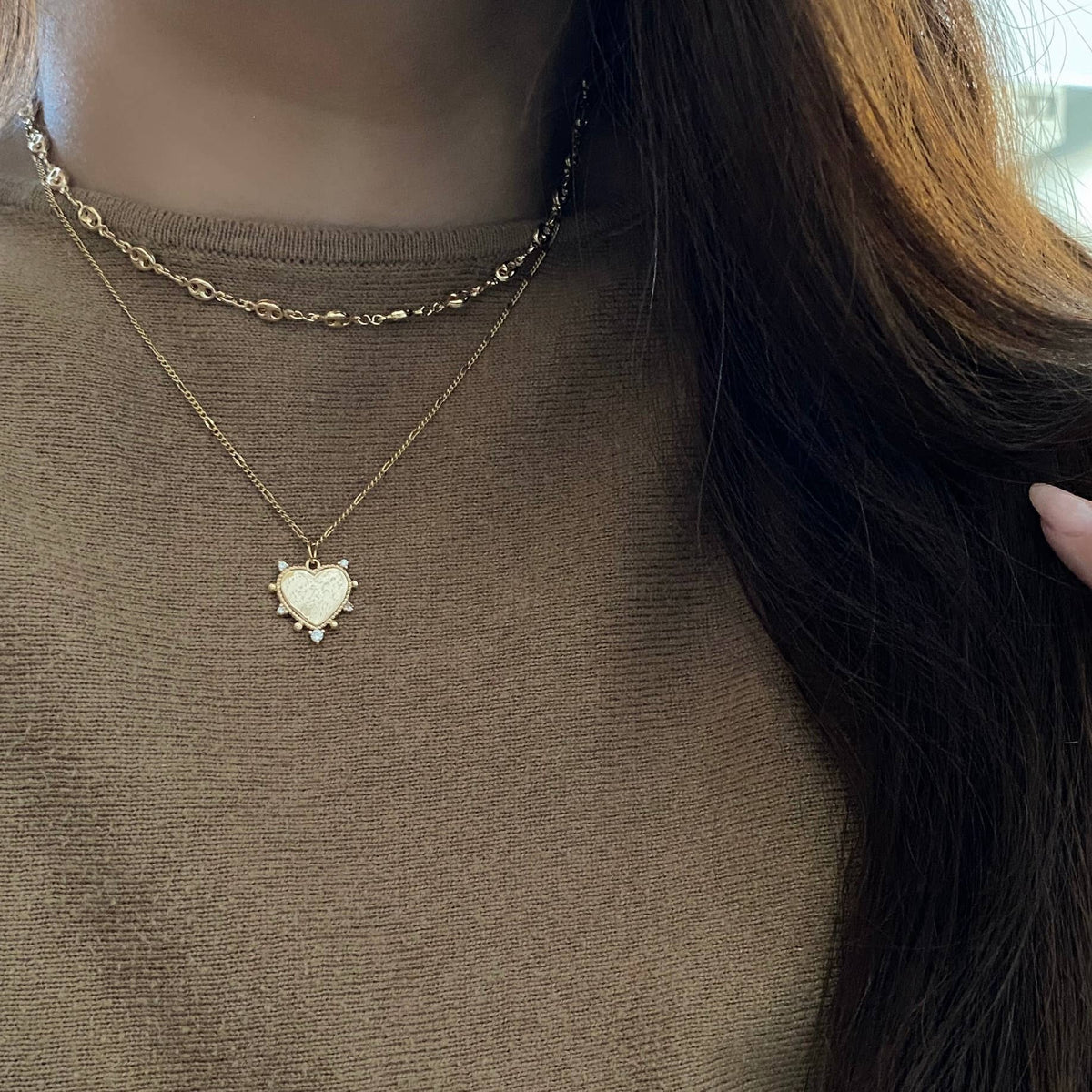 Heart charm pendant necklace 18k gold filled Figaro chain
