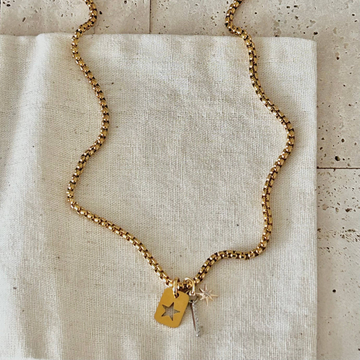 Star tag bar layering necklace gold plated stainless steel