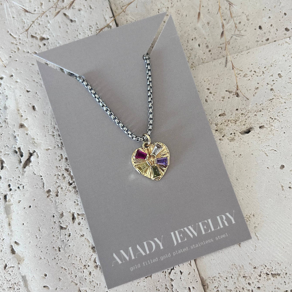Pave Heart charm pendant necklace gold and silver layering