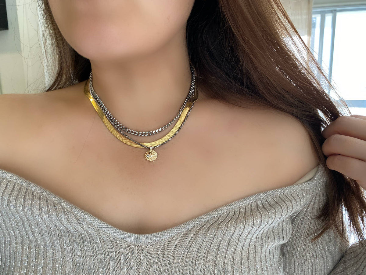 Sunburst sunrise zirconia gold plated necklace silver ombre