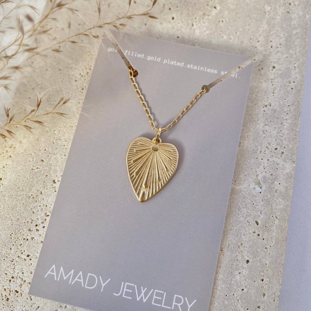 Heart shape charm pendant necklace 18k gold filled 18" long
