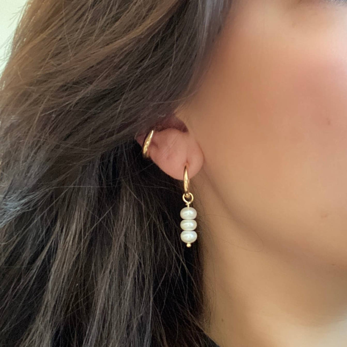Pearls Dangle Drop Hoop Earrings 14k Gold Plated
