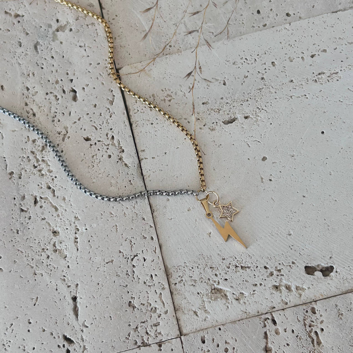 Thunder and star charm pendant necklace two tone silver gold