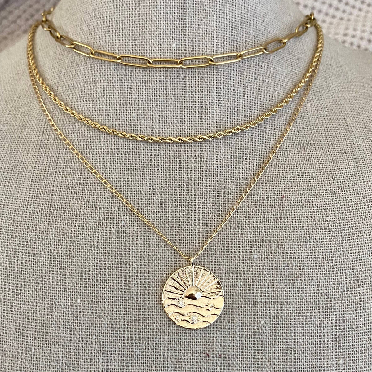 Sunrise sun Coin Medallion chain necklace gold filled plated