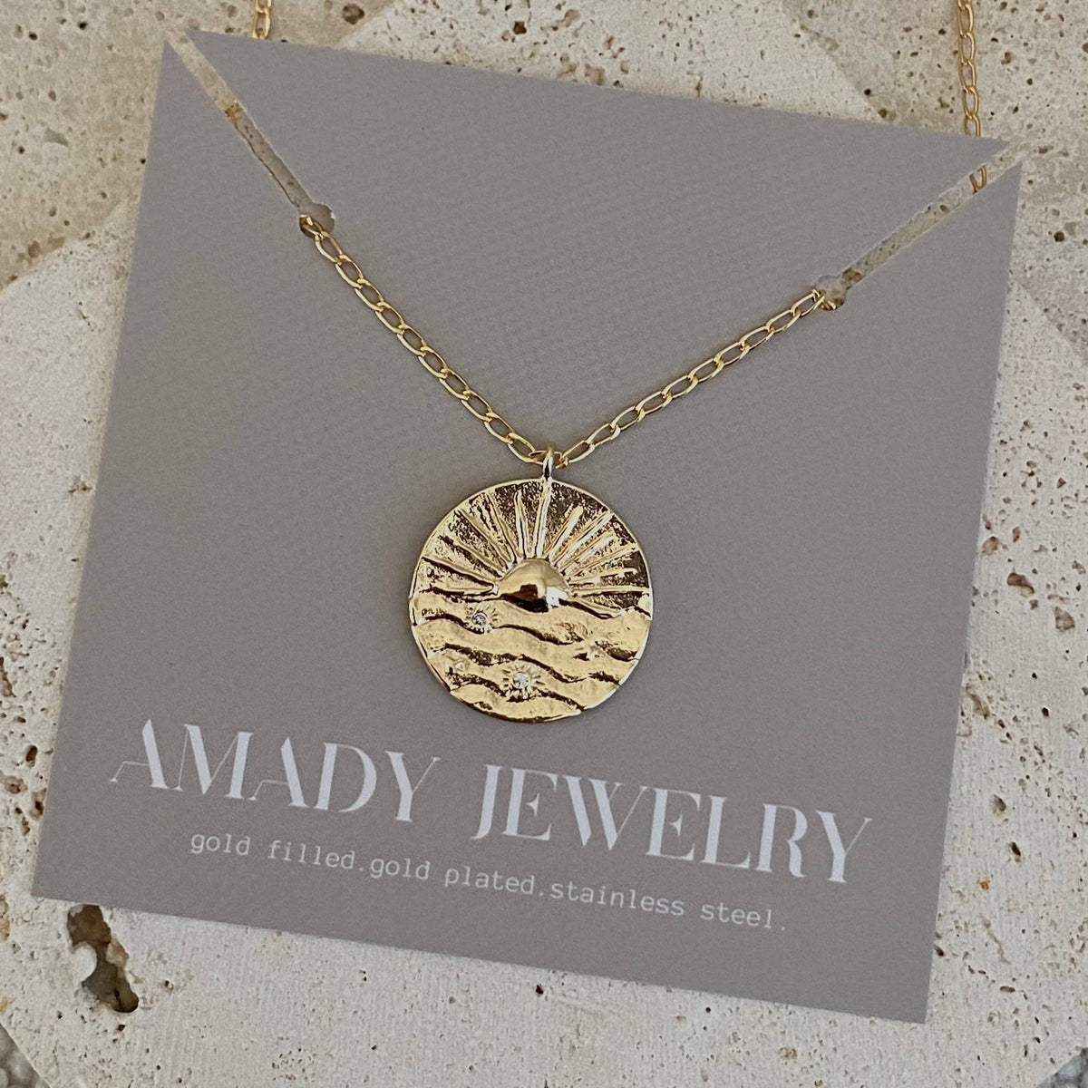 Sunrise sun Coin Medallion chain necklace gold filled plated