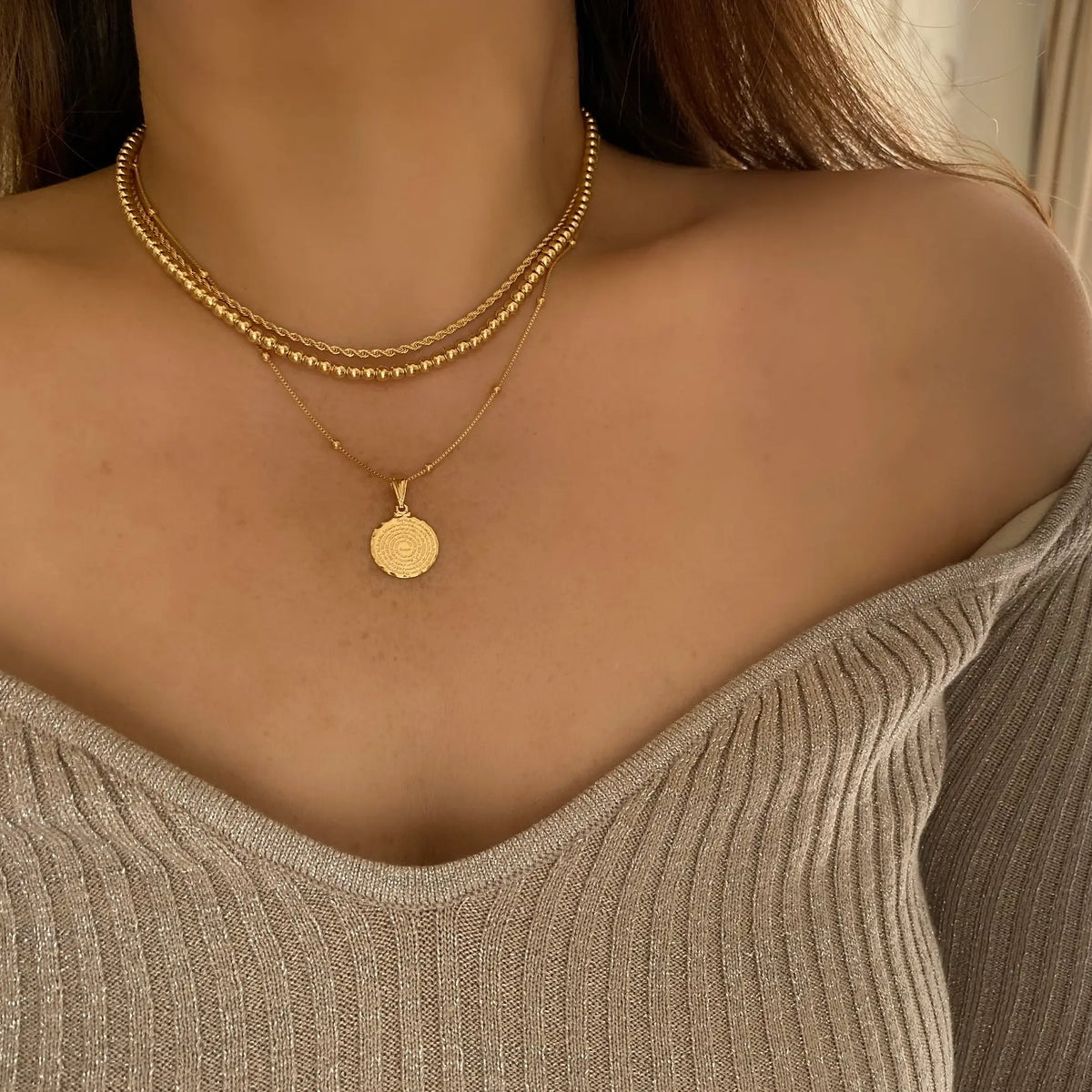 Our Father prayer coin charm necklace 18k GF satellite chain