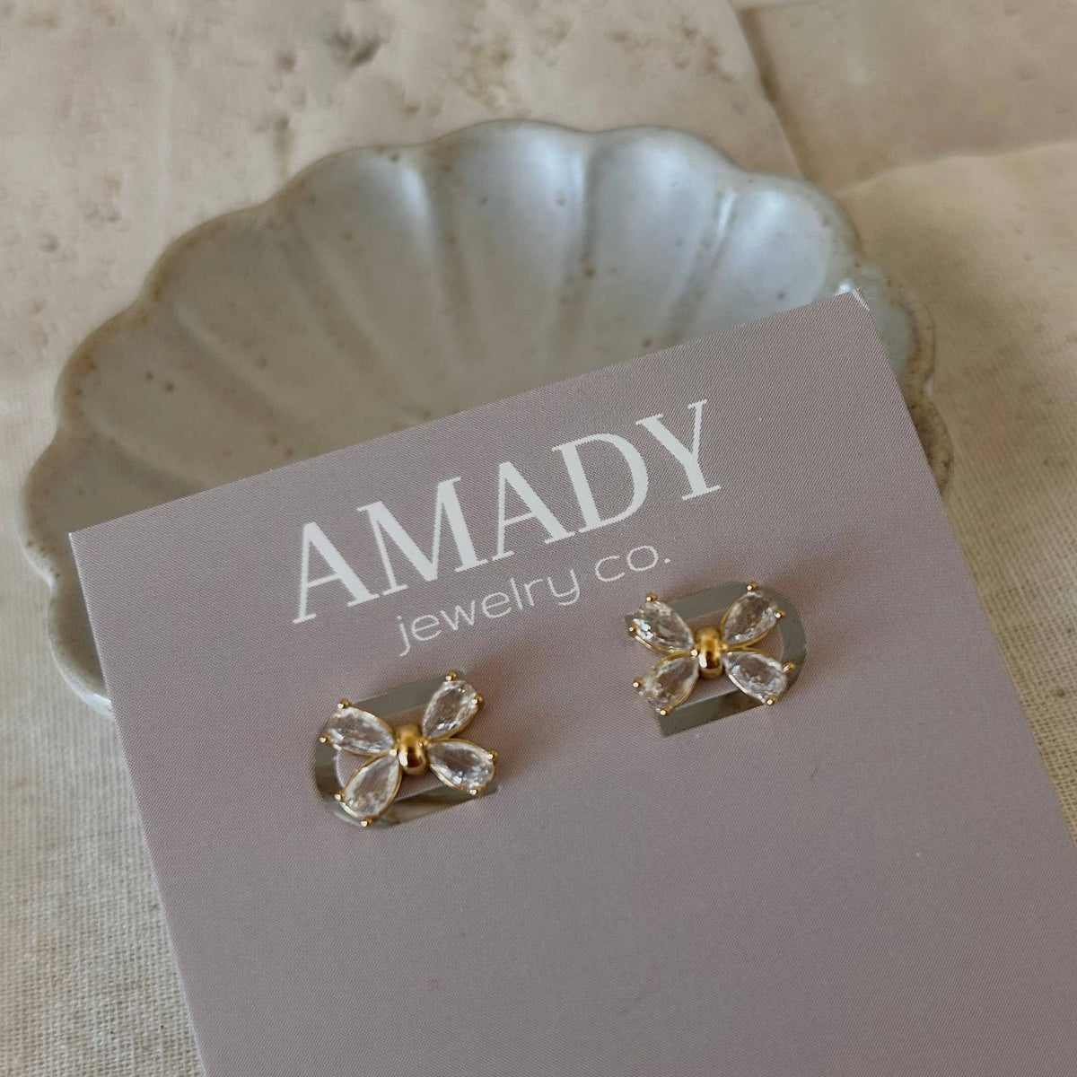 Bowtie cubic zirconia stud post earrings waterproof 18k gp