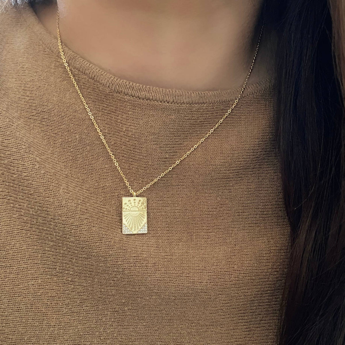 Sunrise Sun Medallion charm pendant 18k gold filled chain