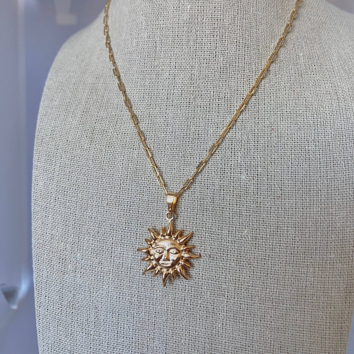 Sun face charm pendant necklace paperclip chain 18k gf