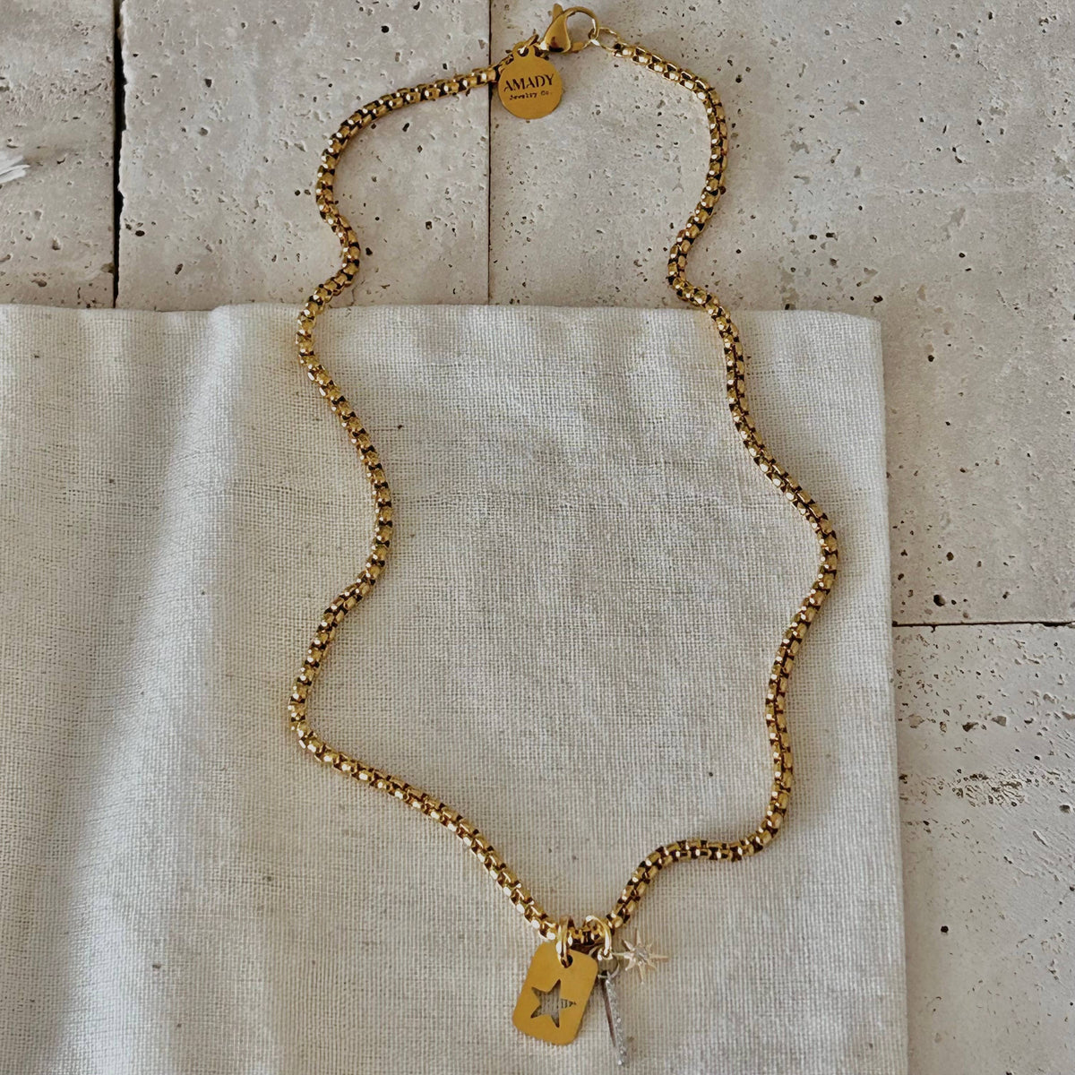 Star tag bar layering necklace gold plated stainless steel