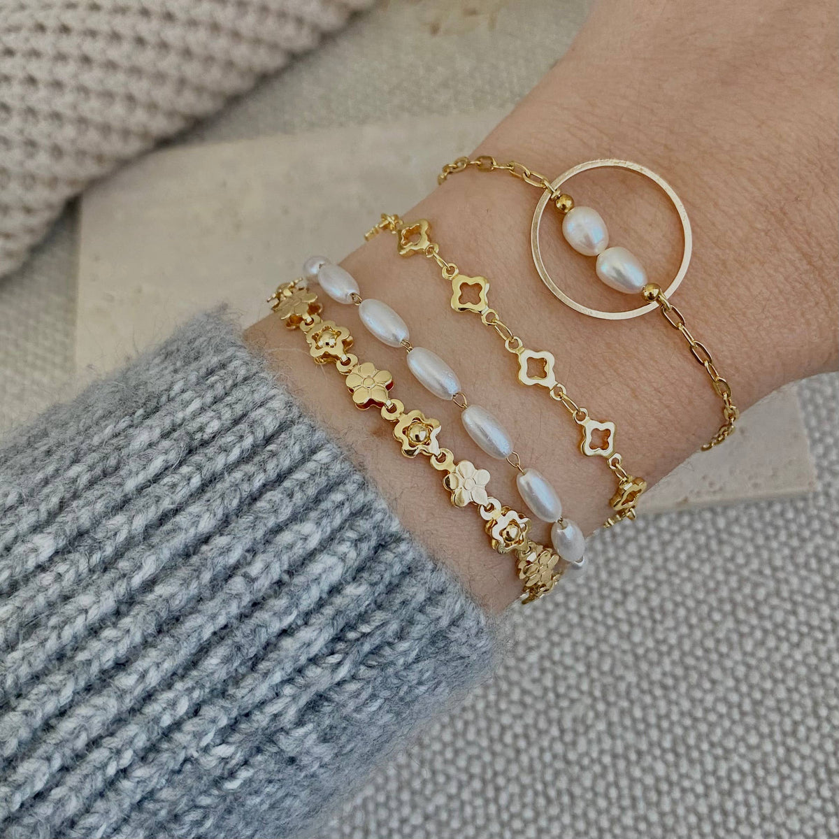 Layering Gold Plated Charm Bracelets clover, flower, pearls