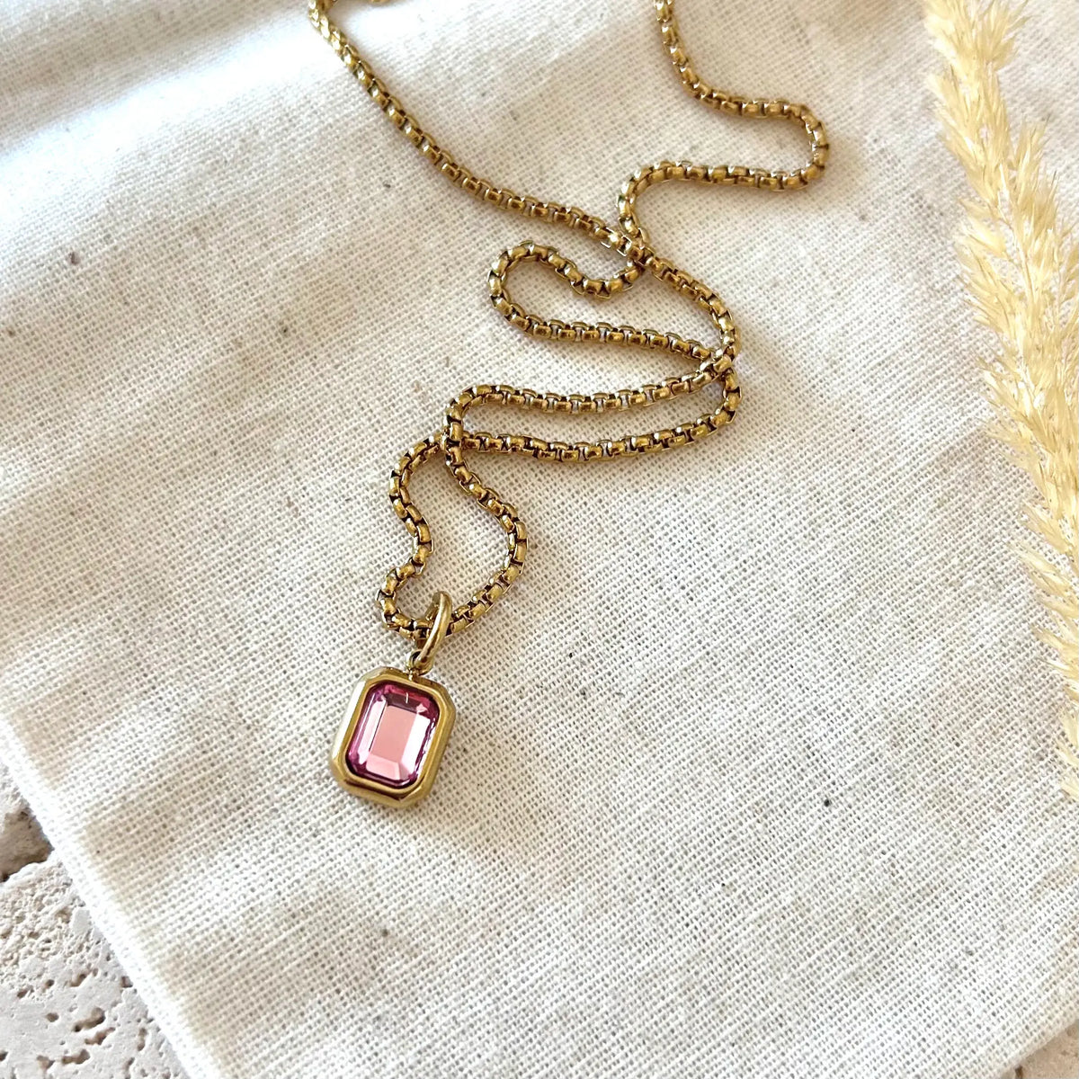 Pink Crystal Pendant Necklace 18k gold plated box chain