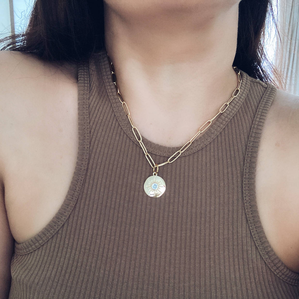 Gold sun coin necklace paperclip gold plated chain medallion