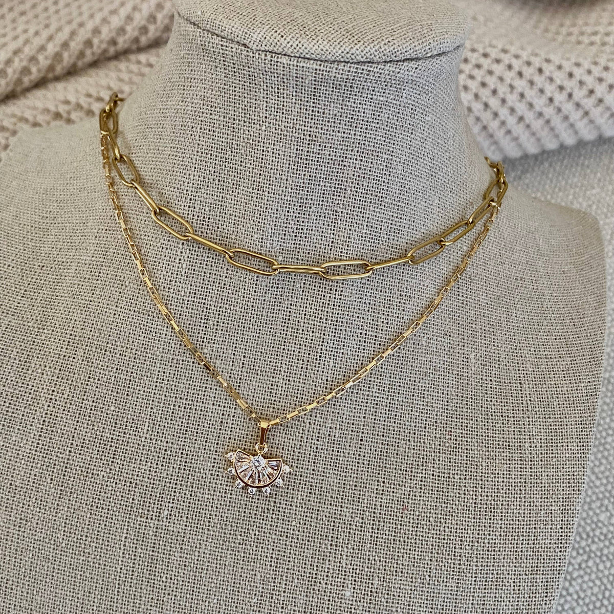 Crystals Fan Charm Pendant 18k Gold Filled Chain necklace