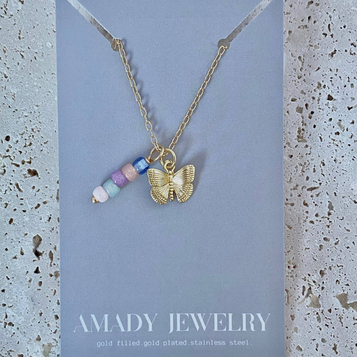 Small Butterfly charm colorful beaded bar pendant necklace