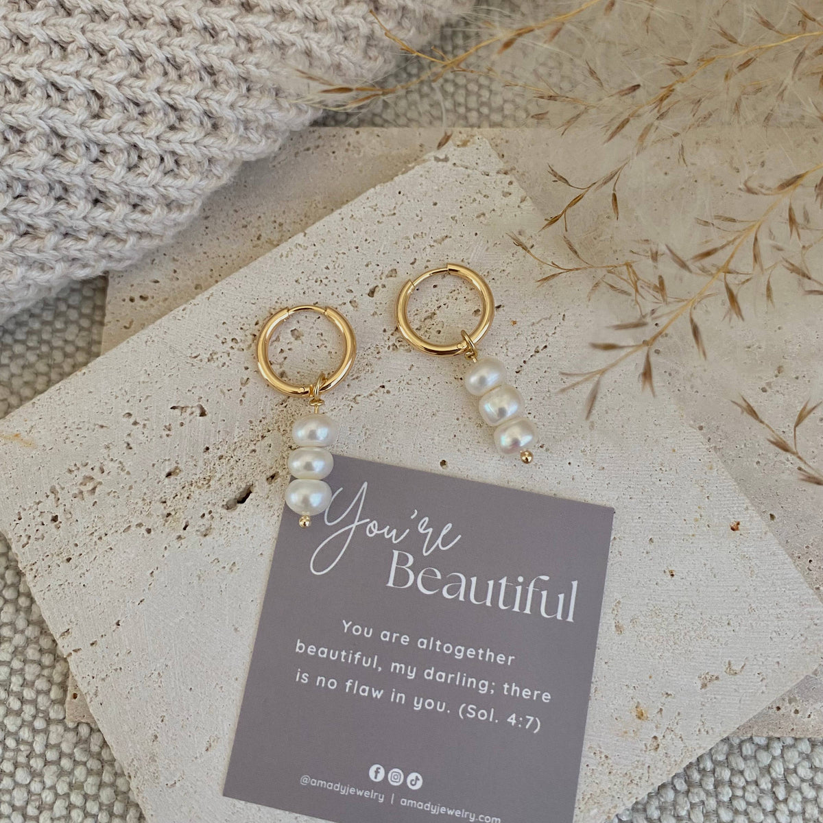 Pearls Dangle Drop Hoop Earrings 14k Gold Plated