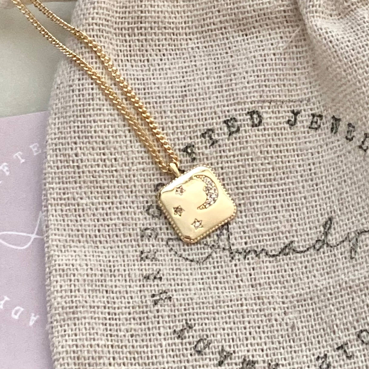 Square Medallion Coin Crescent Moon 18K gold filled necklace