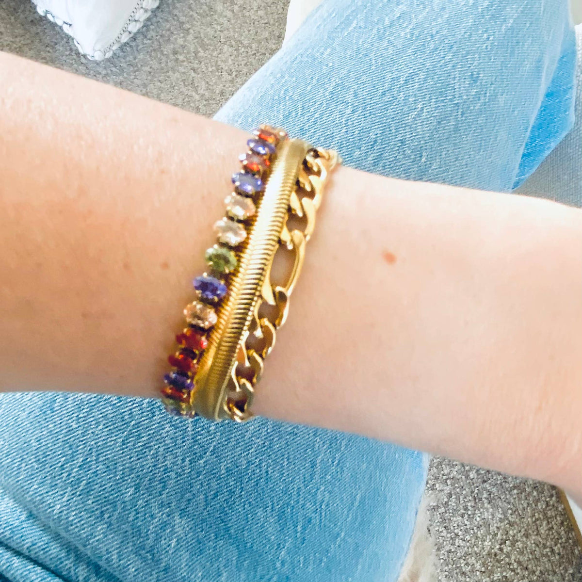 Figaro curb chain layering bracelet 18k gold plated