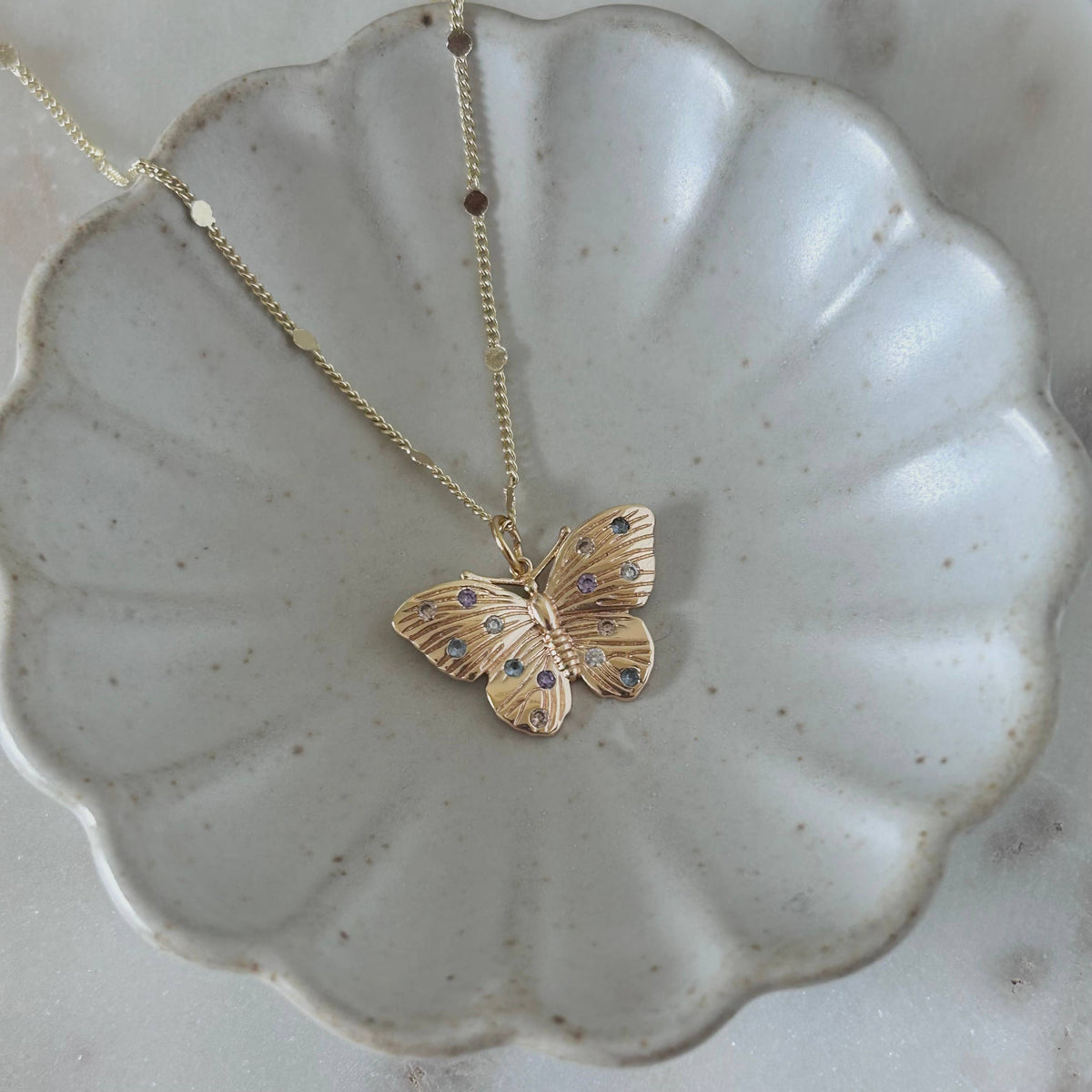 Butterfly necklace colorful crystals on it water resistant