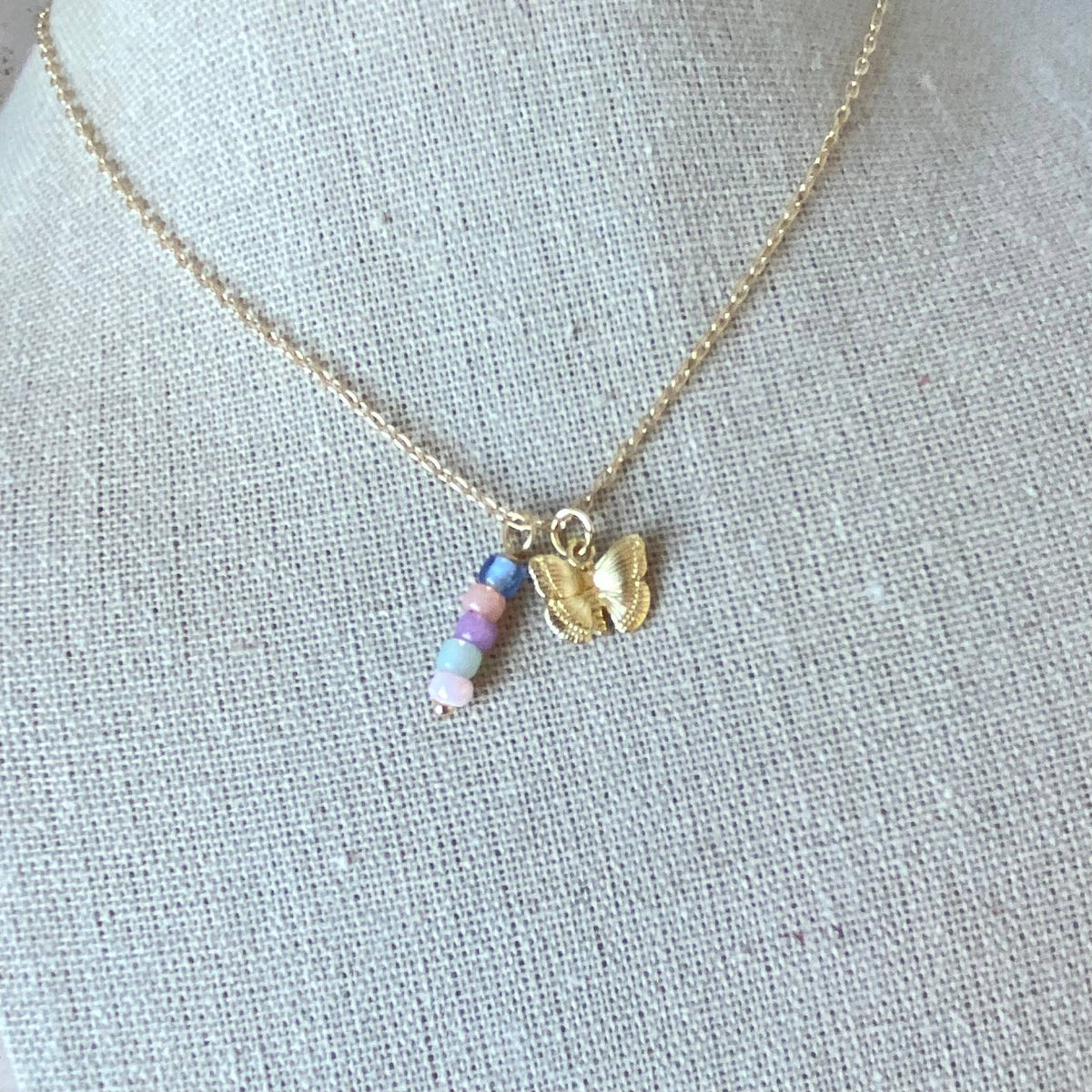 Small Butterfly charm colorful beaded bar pendant necklace