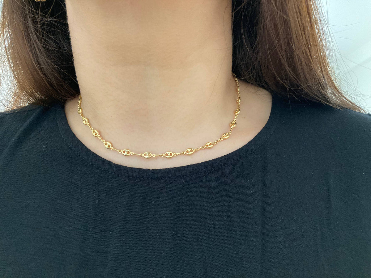 Mariner coffee bean link chain necklace, 18k gold chocker