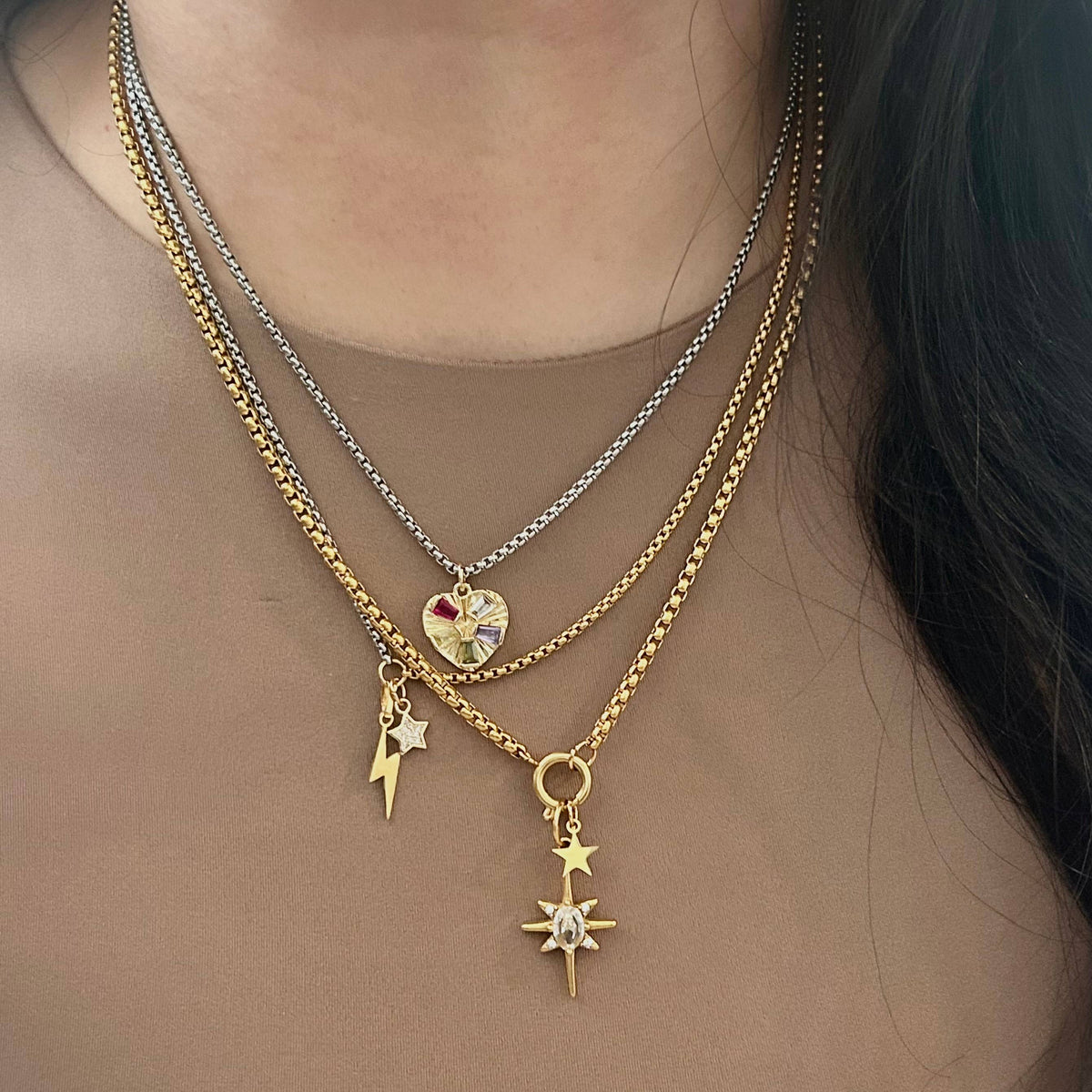 Pave Heart charm pendant necklace gold and silver layering