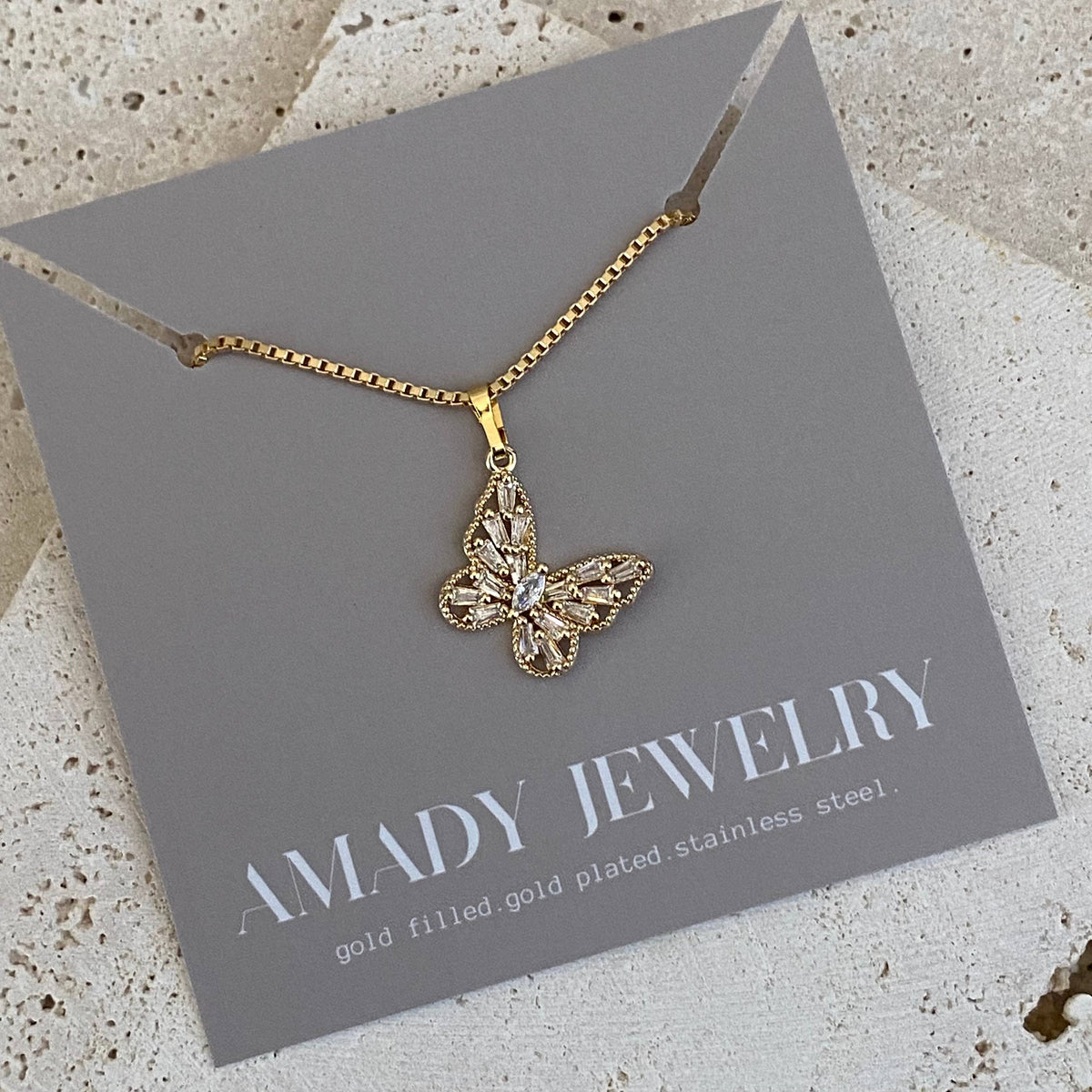 Butterfly Rhinestones Charm Pendant Necklace 18 Gold Filled