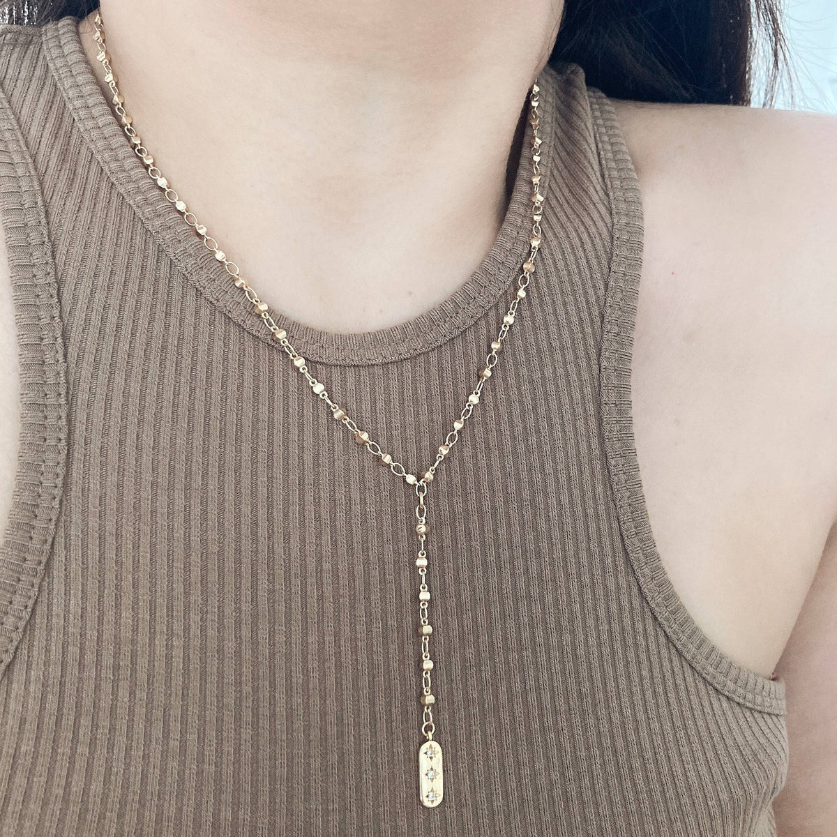 Lariat necklace rosary beaded chain star pendant lariat gold