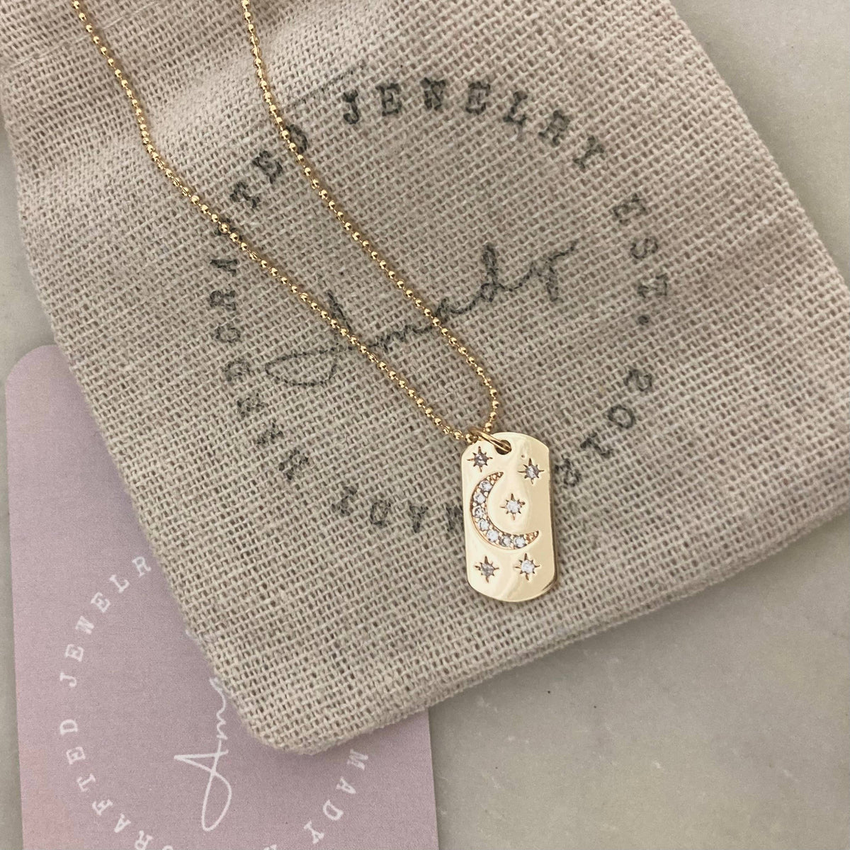 Half Moon Crescent Star Medallion 18K gold dog tag necklace