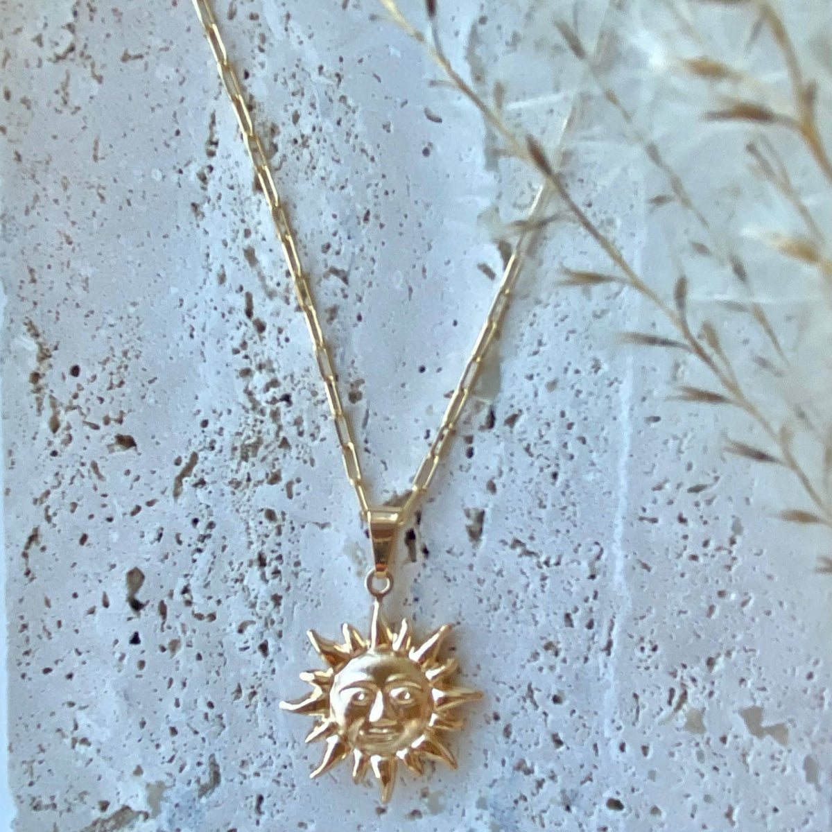 Sun face charm pendant necklace paperclip chain 18k gf
