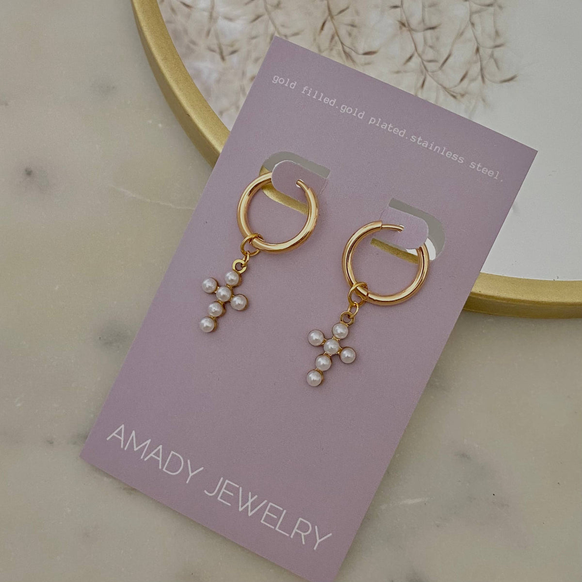 Cross hoops beaded imitation pearls 14k gold plated dangle