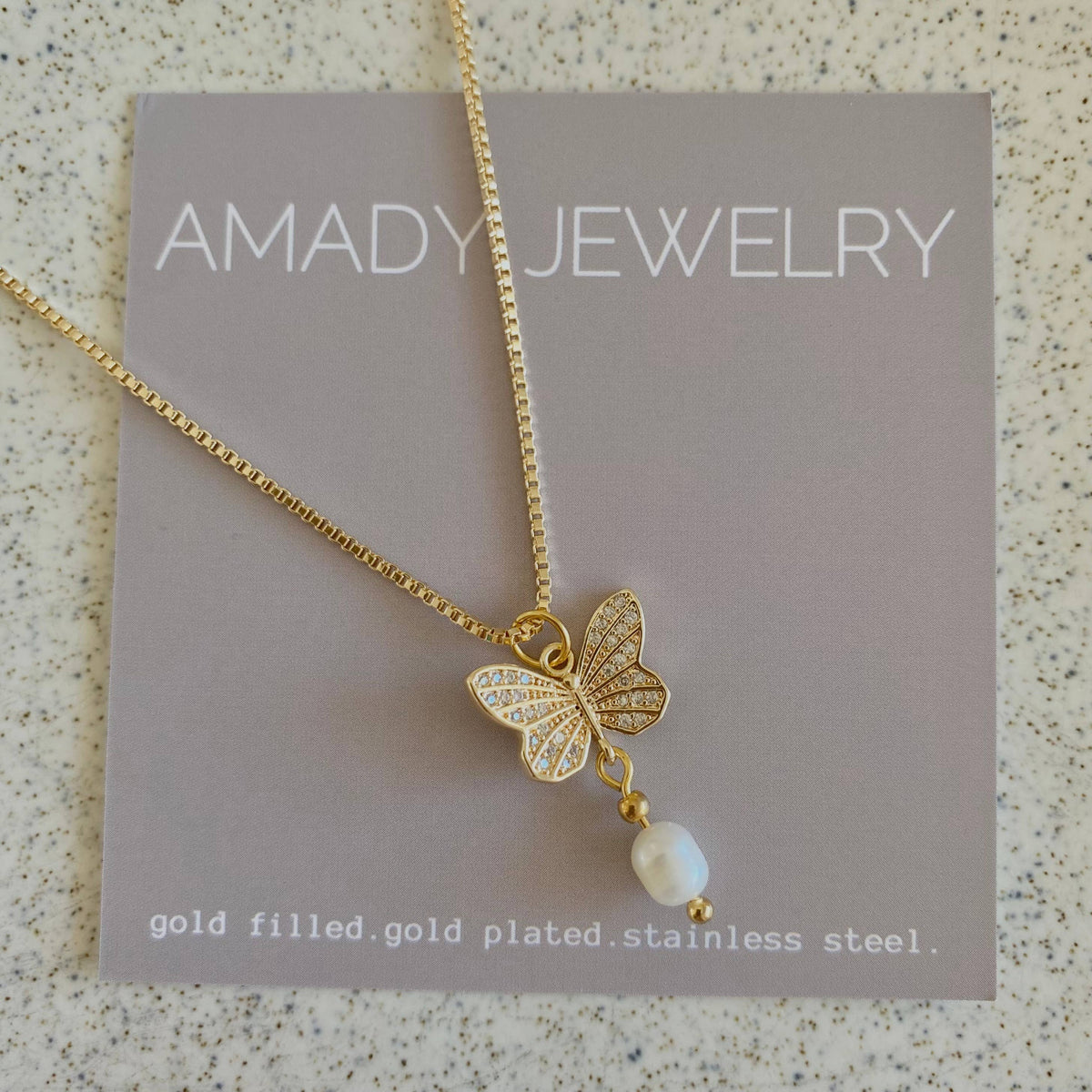 Rhinestones Butterfly Pearl charm pendant necklace 18k GF