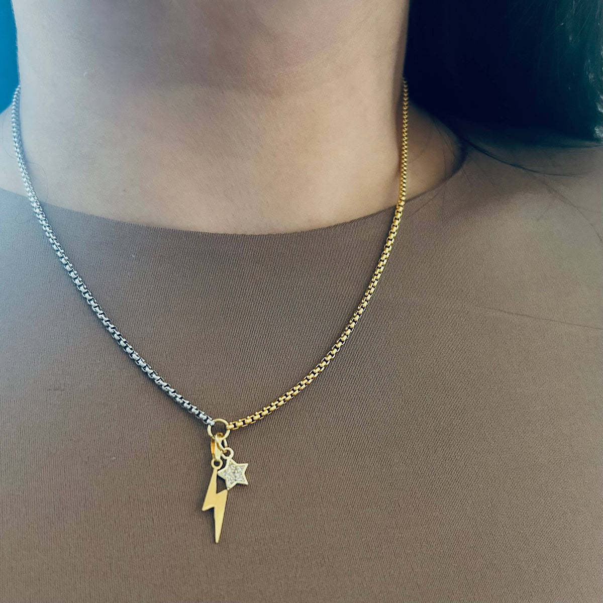Thunder and star charm pendant necklace two tone silver gold