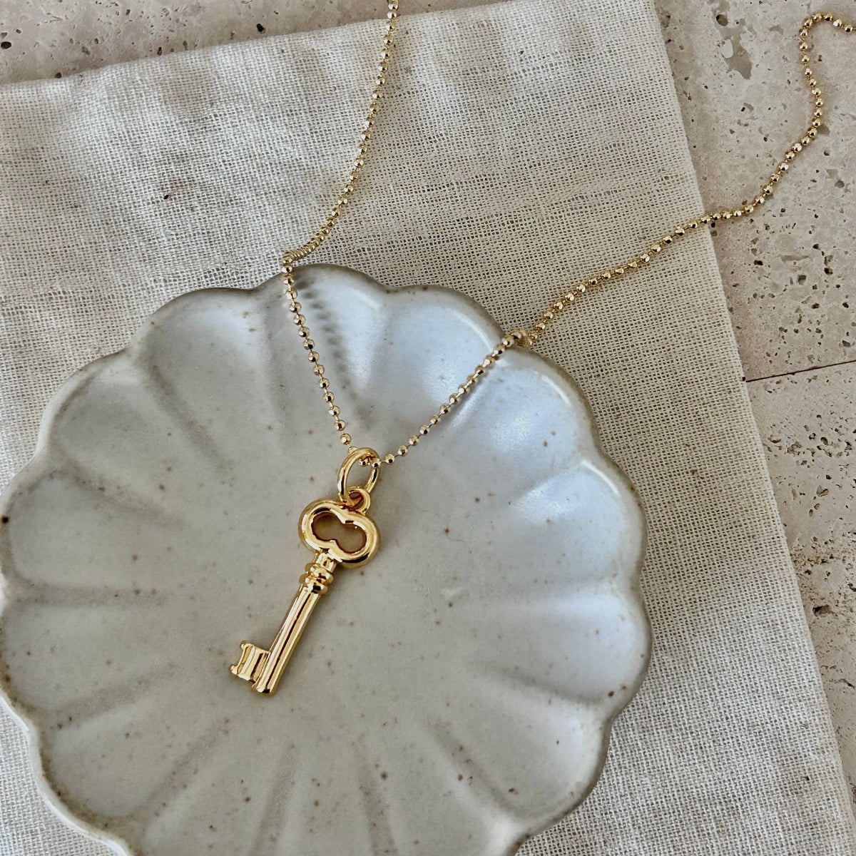 Key charm pendant necklace 18k Gold Filled beaded chain
