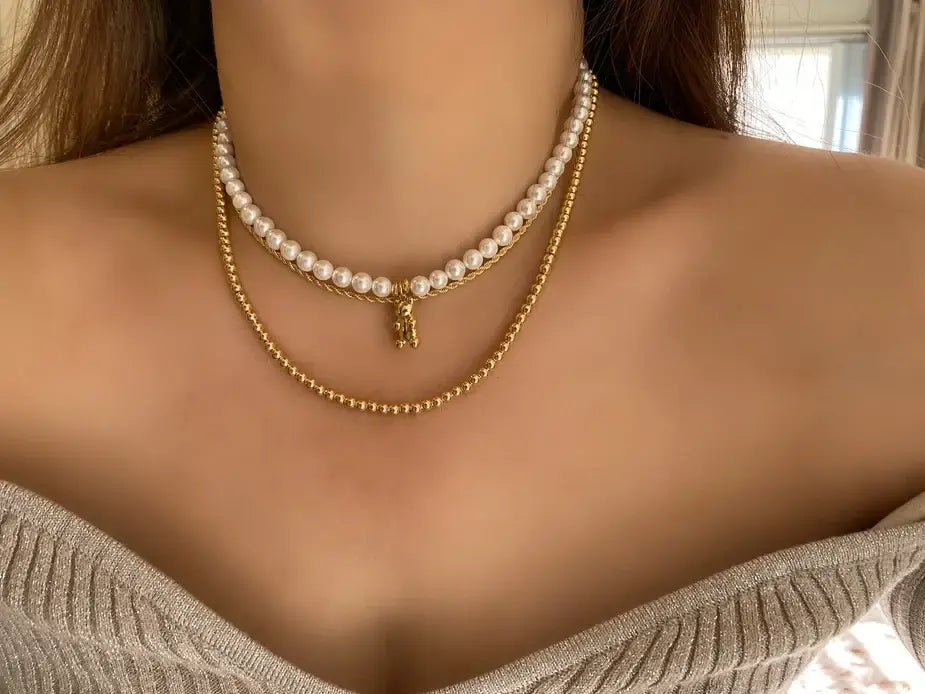 18k Gold Plated beaded layering necklace waterproof