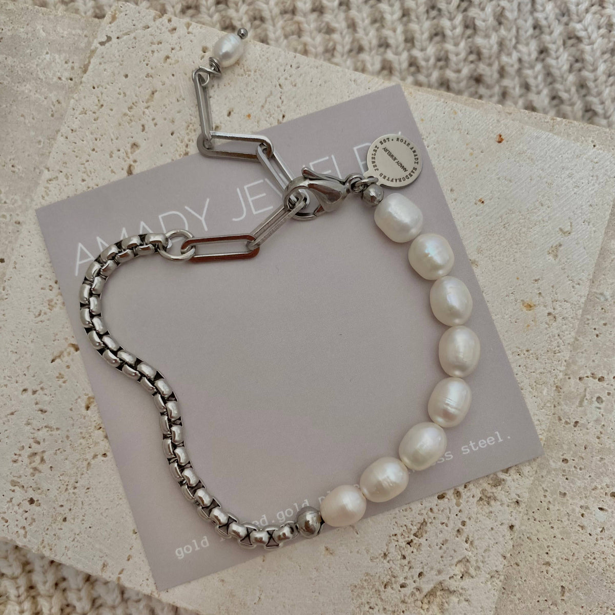 Pearls Bracelet Silver stainless steel box chain adjustable