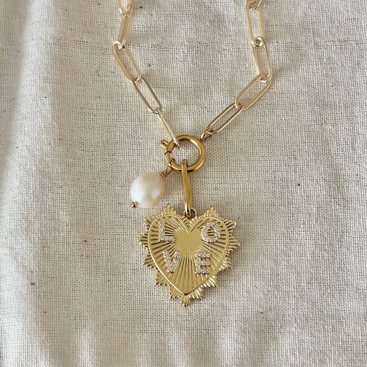 Heart and Pearl Paperclip chain necklace layering statement