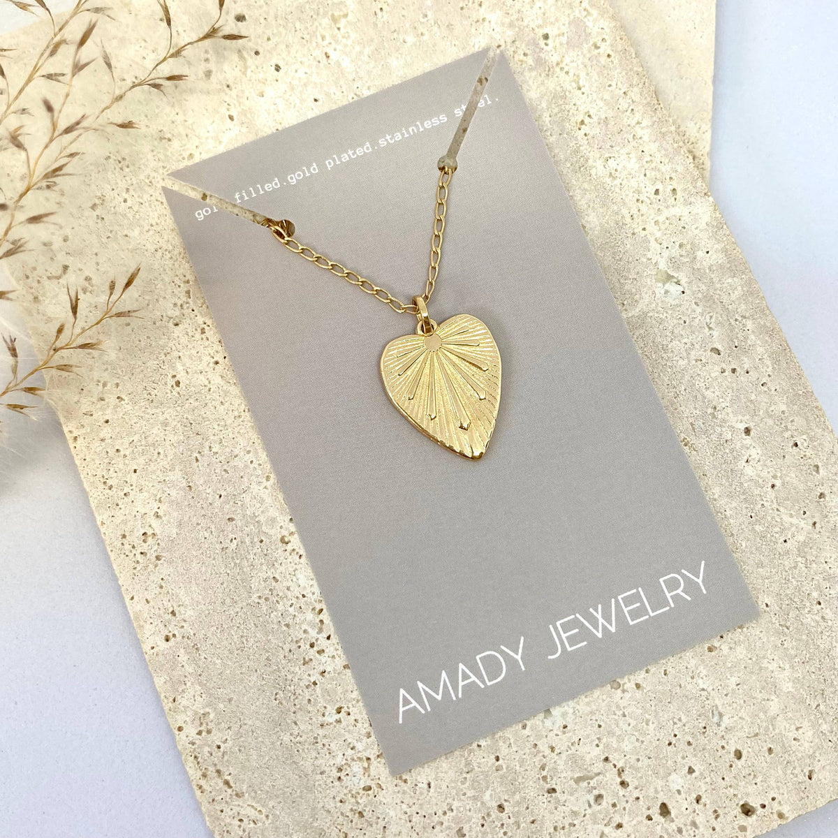 Heart shape charm pendant necklace 18k gold filled 18" long