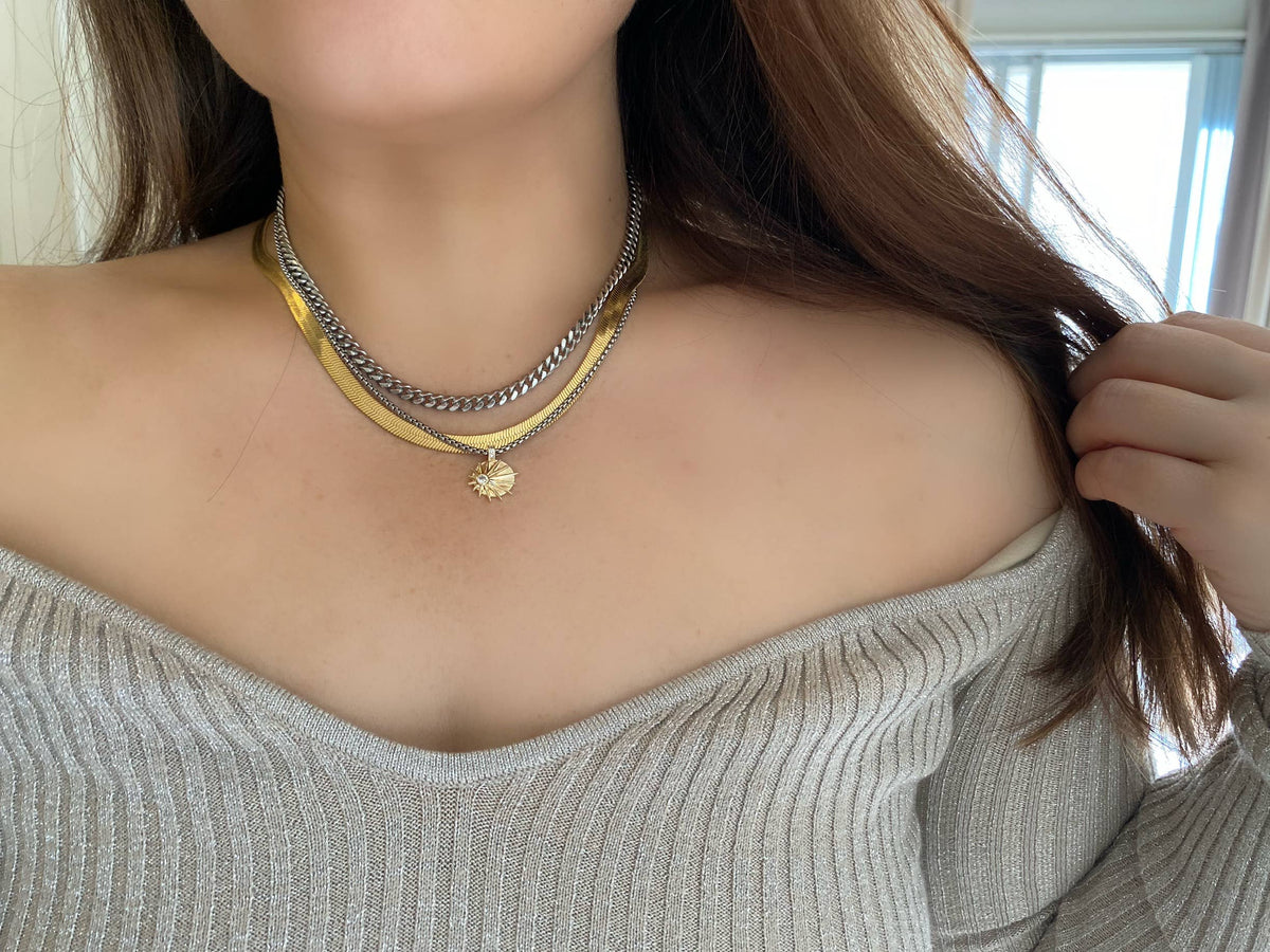 Sunburst sunrise zirconia gold plated necklace silver ombre