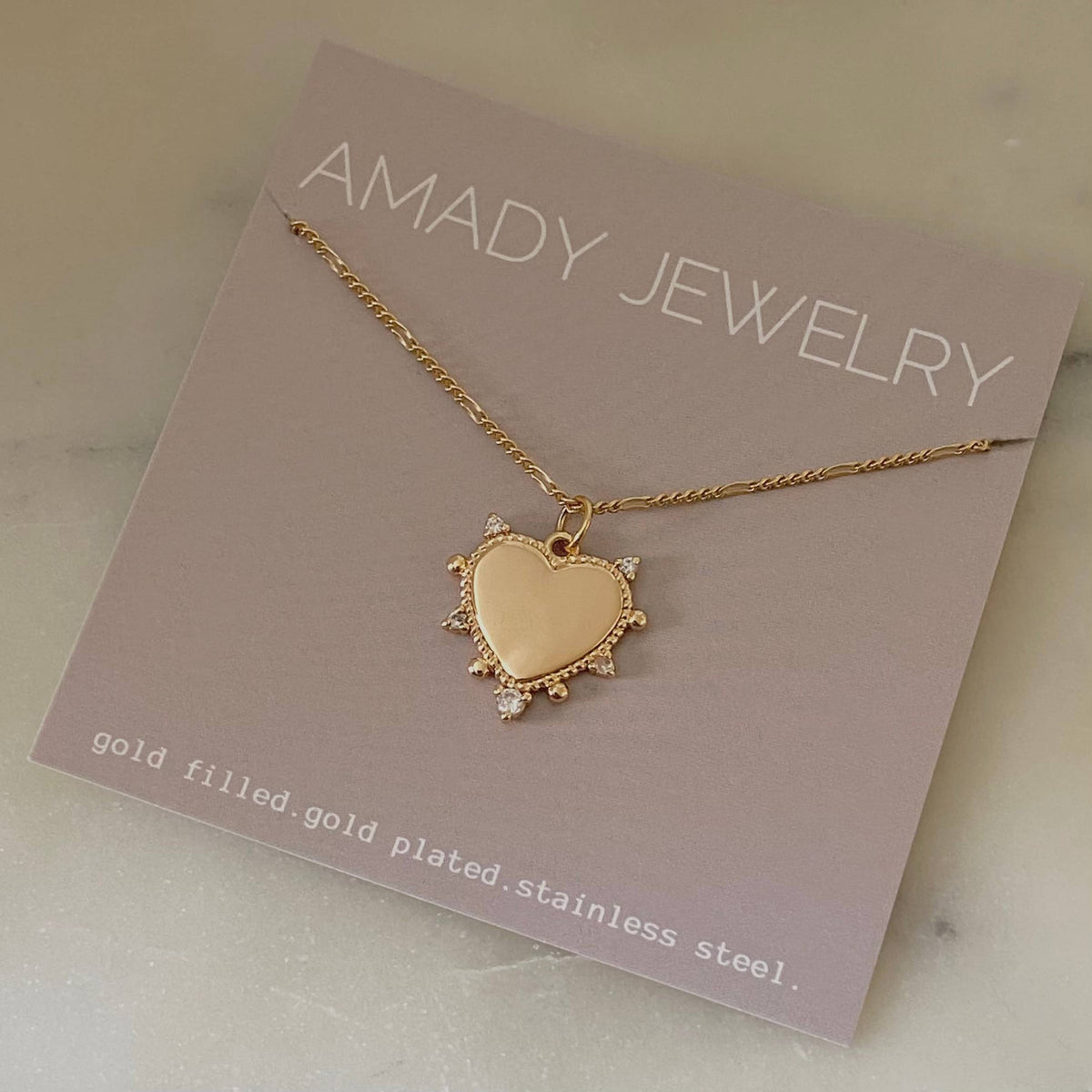 Heart charm pendant necklace 18k gold filled Figaro chain