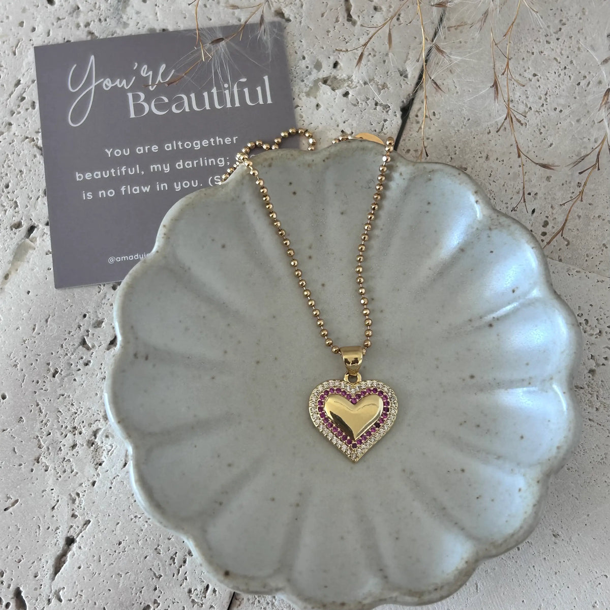 Small Heart Pave Pendant necklace pink glass beaded chain